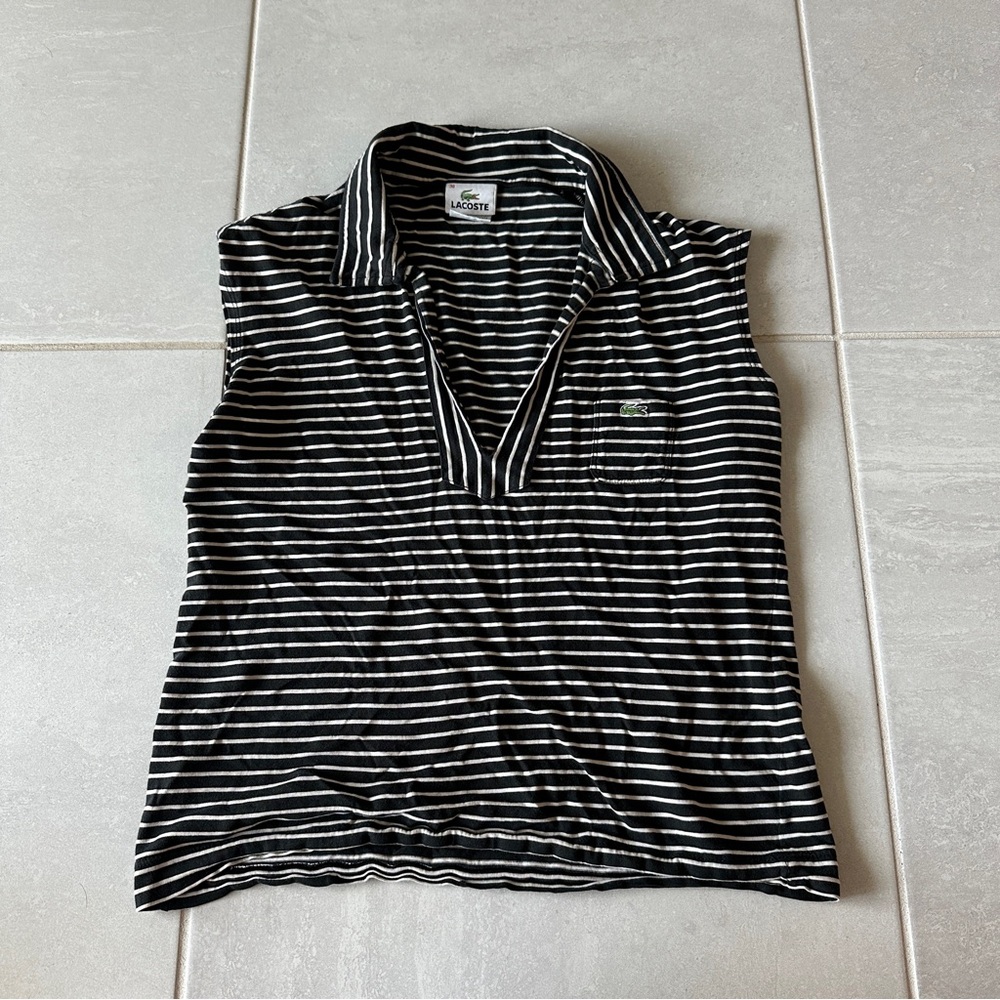 Lacoste Sleeveless Polo with Black and White Stripes